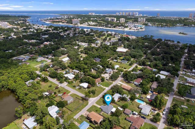 drone / aerial view with a water view