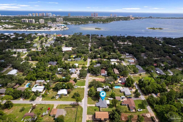 drone / aerial view with a water view