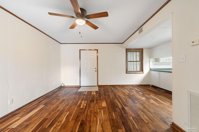 unfurnished living room with hardwood / wood-style flooring, ceiling fan, and crown molding