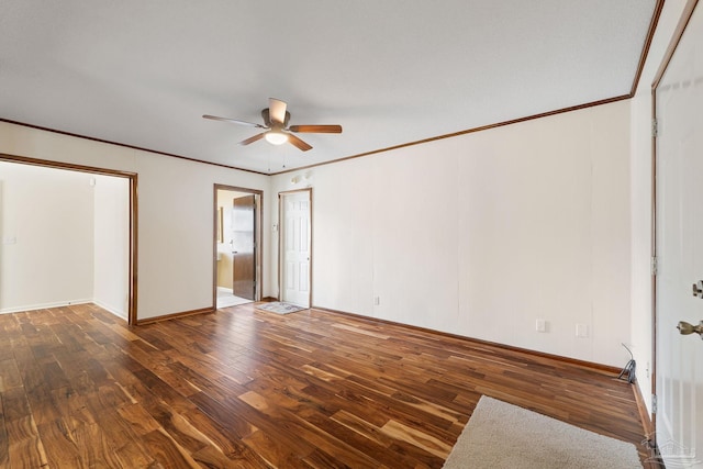 unfurnished bedroom with ceiling fan, dark hardwood / wood-style flooring, and crown molding