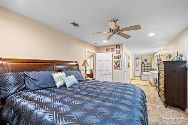 3171 Montecito Blvd, Milton, FL 32583 - bedroom featuring light colored carpet, recessed lighting, a ceiling fan, ensuite bath, and baseboards
