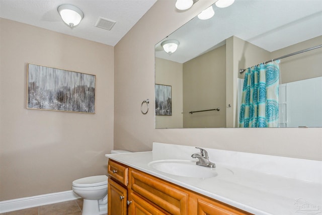 full bath featuring tile patterned flooring, visible vents, baseboards, toilet, and vanity