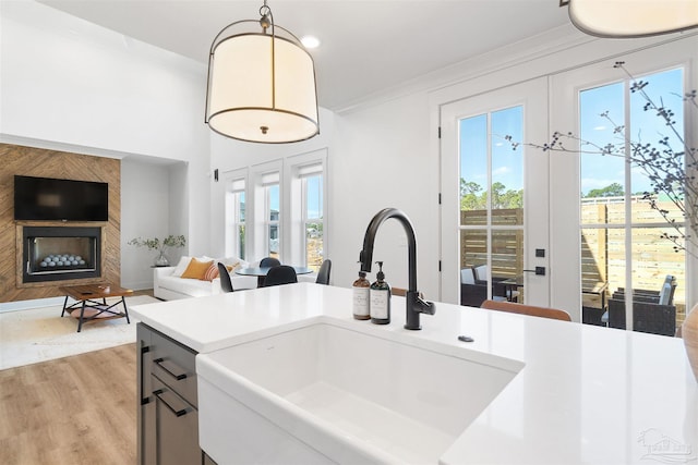 13844 Red Drum Ct, Perdido Key, FL 32507 - kitchen featuring light wood-style floors, healthy amount of natural light, decorative light fixtures, open floor plan, and ornamental molding