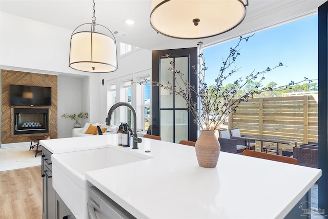 13844 Red Drum Ct, Perdido Key, FL 32507 - kitchen with light wood-style floors, light countertops, hanging light fixtures, open floor plan, and a fireplace