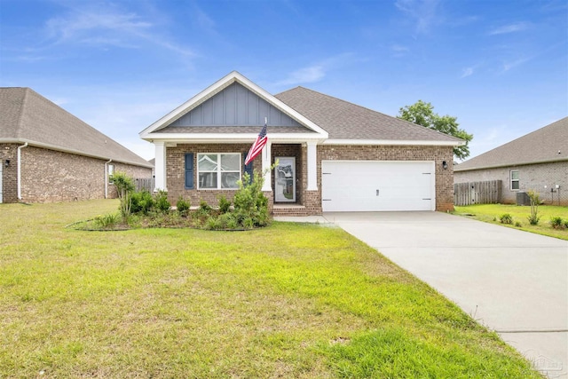 view of front facade with board and batten siding, brick siding, driveway, a front lawn, and an attached garage