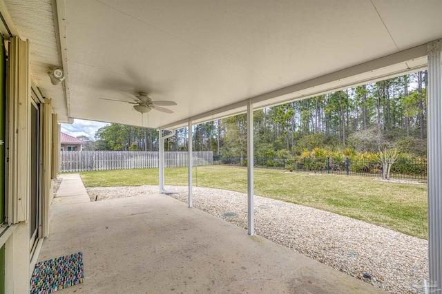 view of patio with a ceiling fan and a fenced backyard