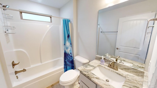 full bathroom featuring vanity, toilet, and shower / bathtub combination with curtain