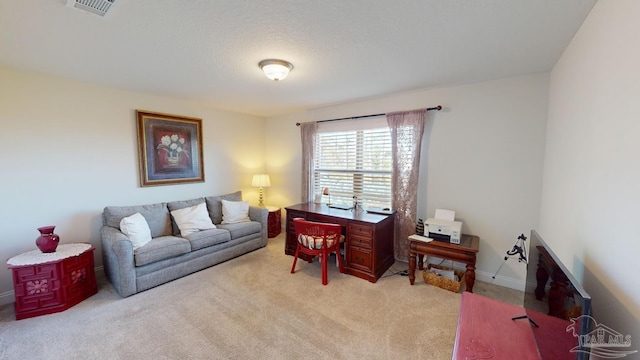 carpeted living room with a textured ceiling