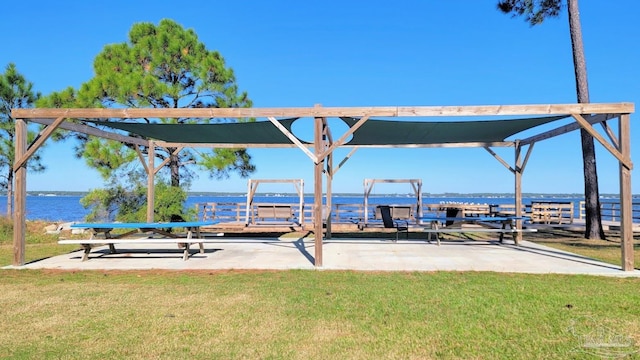 view of home's community with a lawn and a water view