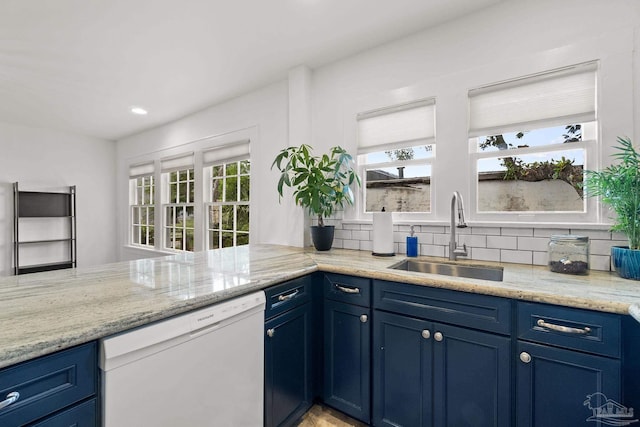 kitchen featuring dishwasher, kitchen peninsula, sink, blue cabinetry, and backsplash