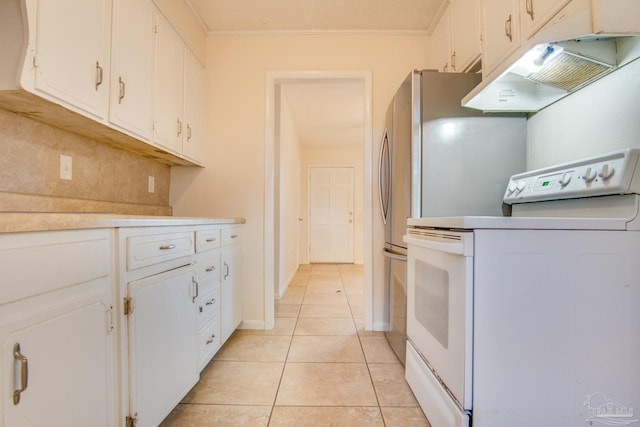 kitchen featuring white cabinetry, white electric stove, light tile patterned floors, and tasteful backsplash