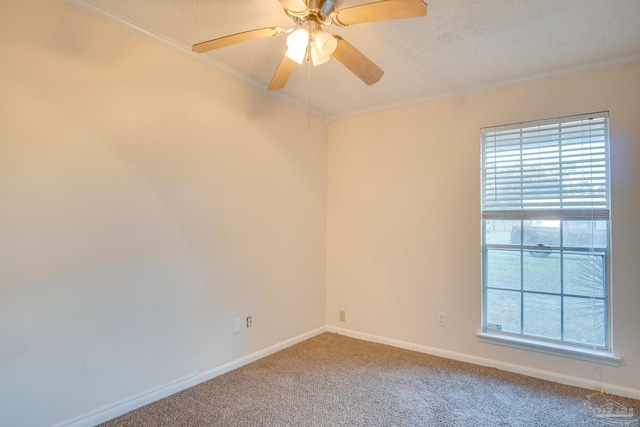 carpeted empty room featuring a textured ceiling, ceiling fan, and crown molding