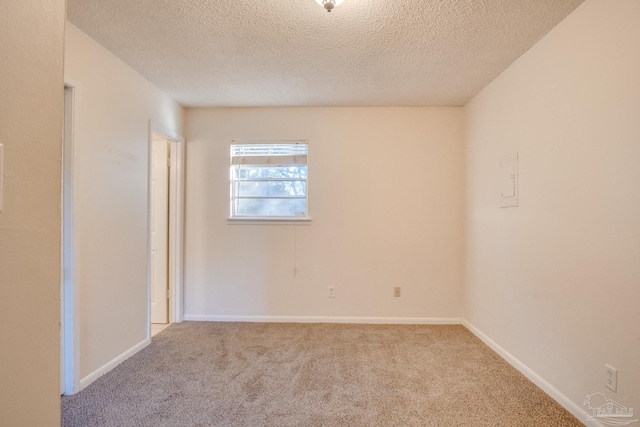 unfurnished room with light carpet and a textured ceiling