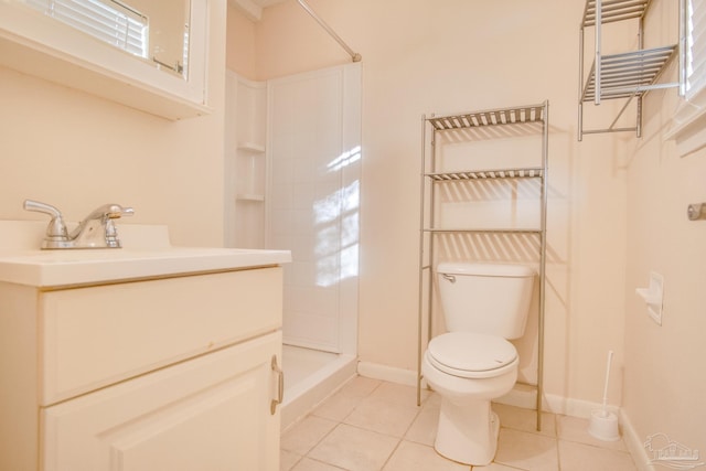 bathroom with tile patterned flooring, vanity, toilet, and walk in shower