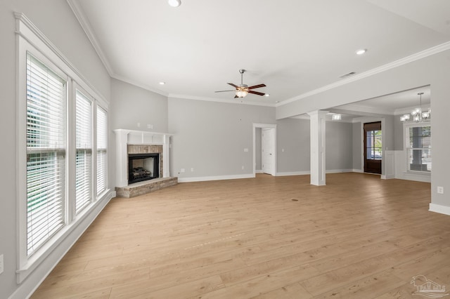 6264 Howie Way, Pace, FL 32571 - unfurnished living room with a ceiling fan, light wood-style floors, a brick fireplace, ornamental molding, and recessed lighting