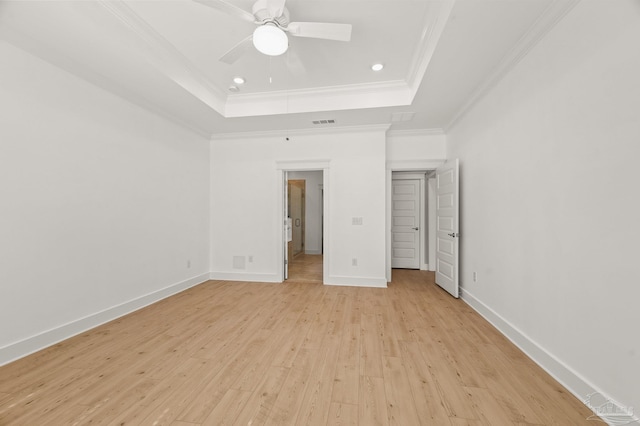 6264 Howie Way, Pace, FL 32571 - unfurnished bedroom with crown molding, light wood-type flooring, a raised ceiling, recessed lighting, and a ceiling fan