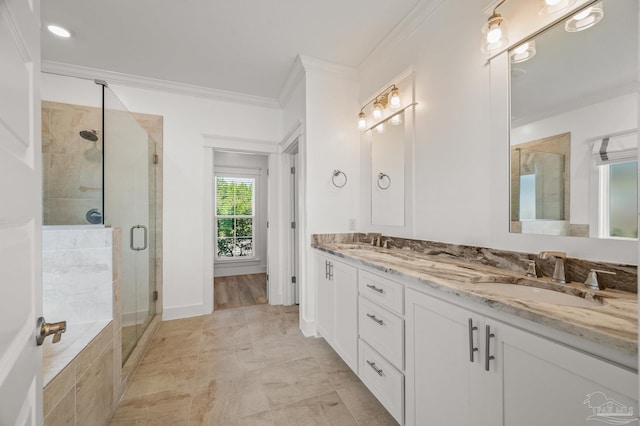 6264 Howie Way, Pace, FL 32571 - full bathroom with double vanity, a stall shower, and crown molding
