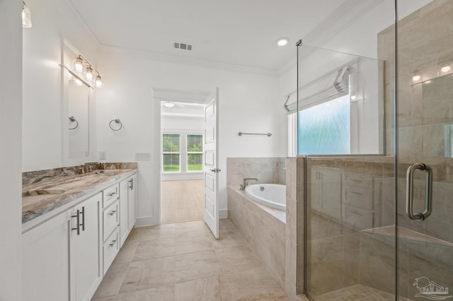 6264 Howie Way, Pace, FL 32571 - full bath featuring double vanity, a bath, a shower stall, and ornamental molding