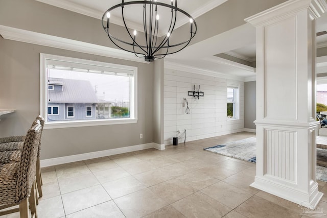 unfurnished dining area featuring crown molding, an inviting chandelier, baseboards, and light tile patterned floors