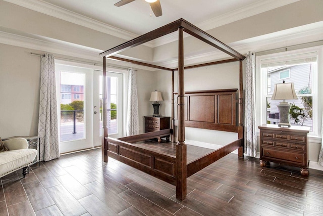 bedroom with dark wood-type flooring, access to outside, and ornamental molding