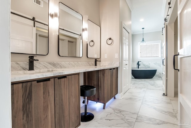 bathroom featuring crown molding, visible vents, marble finish floor, a sink, and double vanity