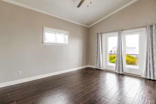 empty room featuring dark wood-type flooring, baseboards, a ceiling fan, and lofted ceiling