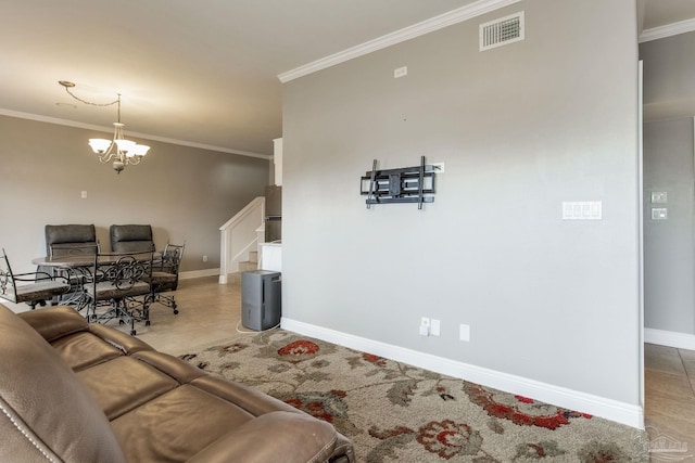 living area featuring baseboards, an inviting chandelier, crown molding, stairs, and visible vents