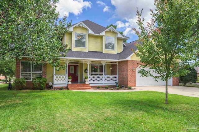 2205 Valle Escondido Dr, Pensacola, FL 32526 - victorian-style house with concrete driveway, a garage, covered porch, a shingled roof, and brick siding