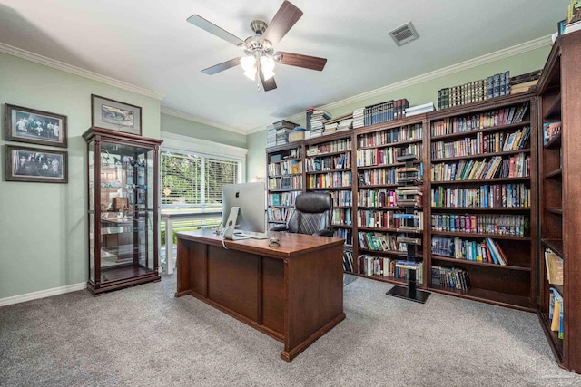 2205 Valle Escondido Dr, Pensacola, FL 32526 - office with carpet, crown molding, a ceiling fan, wall of books, and baseboards