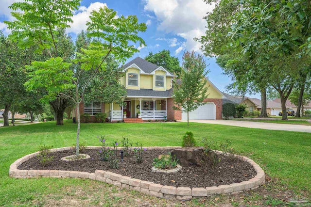 2205 Valle Escondido Dr, Pensacola, FL 32526 - view of front of home featuring covered porch, an attached garage, driveway, brick siding, and a front lawn