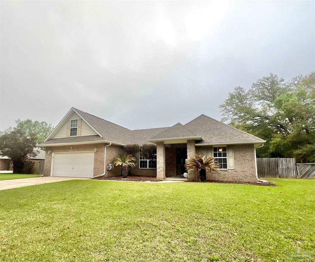 view of front of property featuring concrete driveway, roof with shingles, fence, a front yard, and brick siding