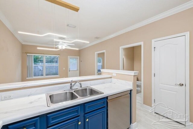 2172 Hadleigh Hills Ct, Navarre, FL 32566 - kitchen with blue cabinetry, stainless steel dishwasher, and ornamental molding