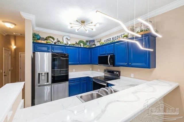 2172 Hadleigh Hills Ct, Navarre, FL 32566 - kitchen featuring stainless steel appliances, blue cabinets, light stone countertops, crown molding, and a chandelier