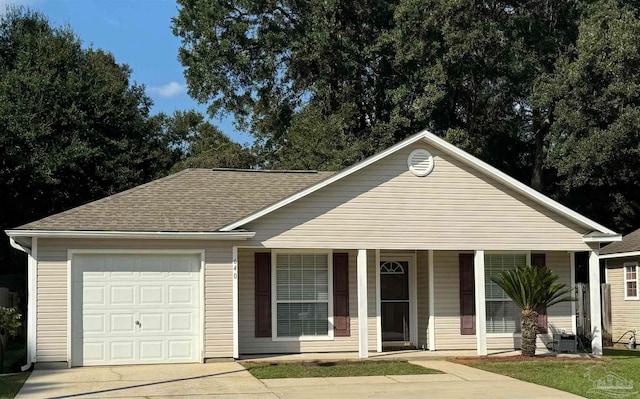 ranch-style home featuring a garage and a porch