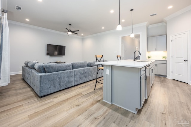 3248 Mountain Laurel Trl, Cantonment, FL 32533 - kitchen with a ceiling fan, gray cabinets, light countertops, light wood-type flooring, and stainless steel dishwasher