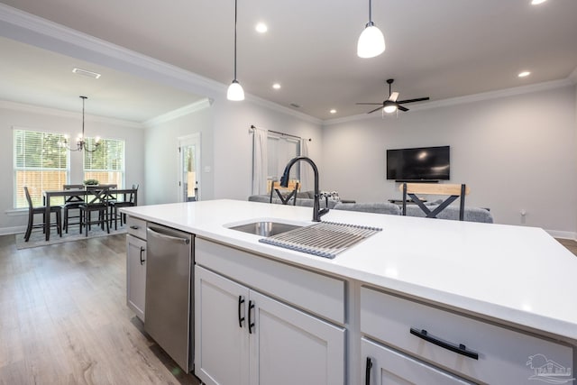 3248 Mountain Laurel Trl, Cantonment, FL 32533 - kitchen featuring dishwasher, light wood-style flooring, a chandelier, a ceiling fan, and hanging light fixtures