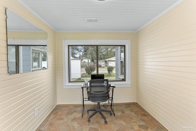 office area featuring visible vents, stone finish floor, and ornamental molding