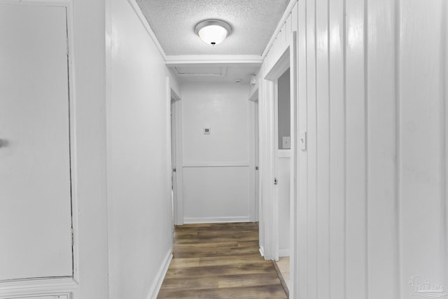 corridor with attic access, a textured ceiling, and wood finished floors