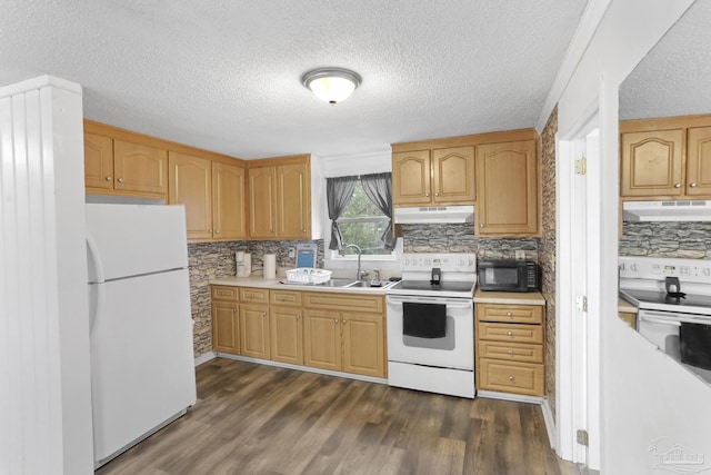 kitchen with under cabinet range hood, white appliances, dark wood-style floors, and a sink