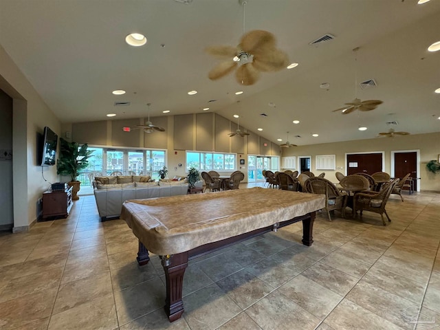 game room with ceiling fan, high vaulted ceiling, and billiards