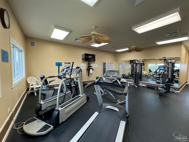 exercise room featuring ceiling fan