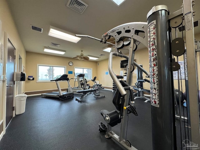 workout area with ceiling fan