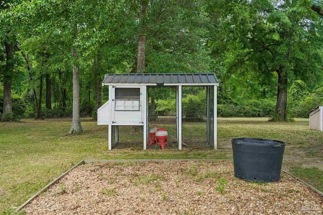 view of poultry coop featuring a yard