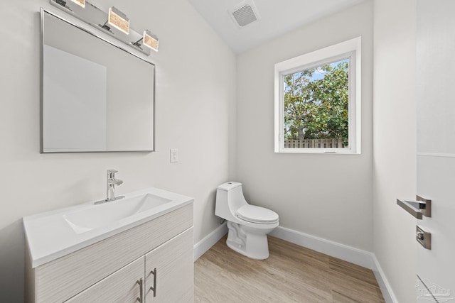 bathroom featuring vanity, wood-type flooring, and toilet