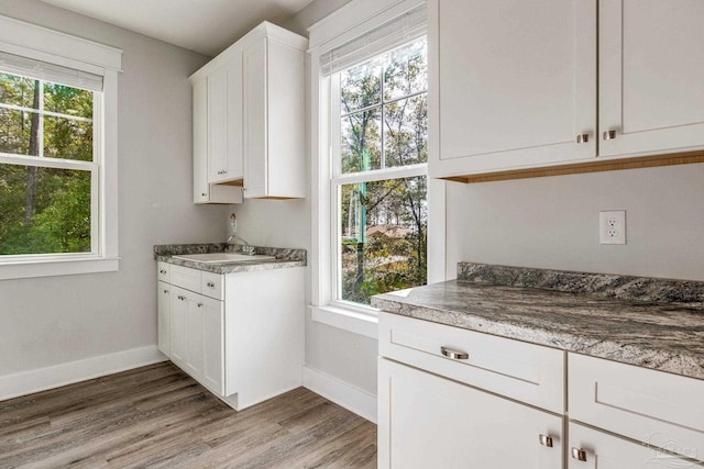 kitchen with wood-type flooring, plenty of natural light, sink, and white cabinets