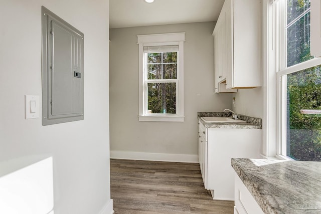 interior space with white cabinetry, sink, electric panel, and light hardwood / wood-style floors