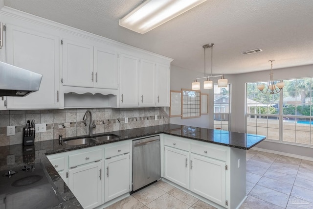 kitchen with stainless steel dishwasher, a peninsula, white cabinets, visible vents, and a sink