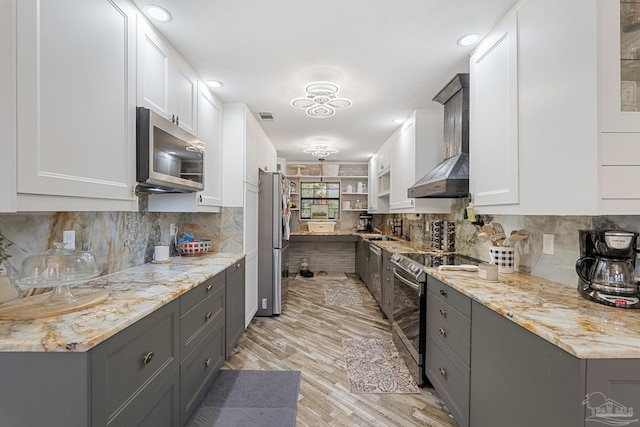 kitchen featuring gray cabinets, white cabinetry, and appliances with stainless steel finishes