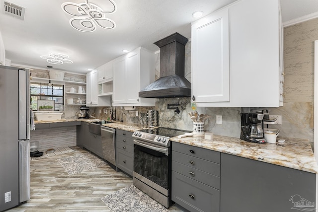 kitchen with appliances with stainless steel finishes, white cabinetry, sink, light stone countertops, and wall chimney range hood