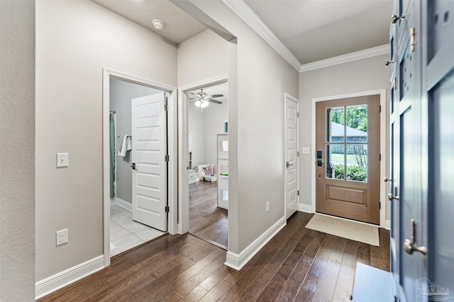 7956 Huntington Creek Ln, Pensacola, FL 32526 - foyer entrance featuring crown molding, wood-type flooring, a ceiling fan, and baseboards